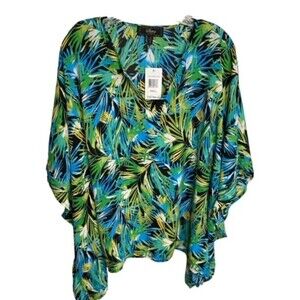 Status by Chenault Womens Poncho Sz Small Blue Black Tropical Chiffon Print NWTs